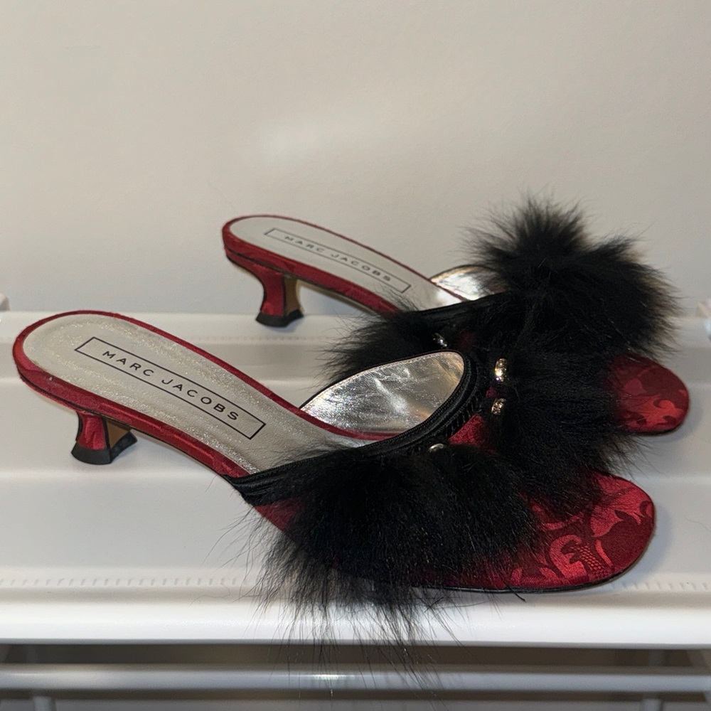Marc Jacobs red fur sandal mules kitten heel